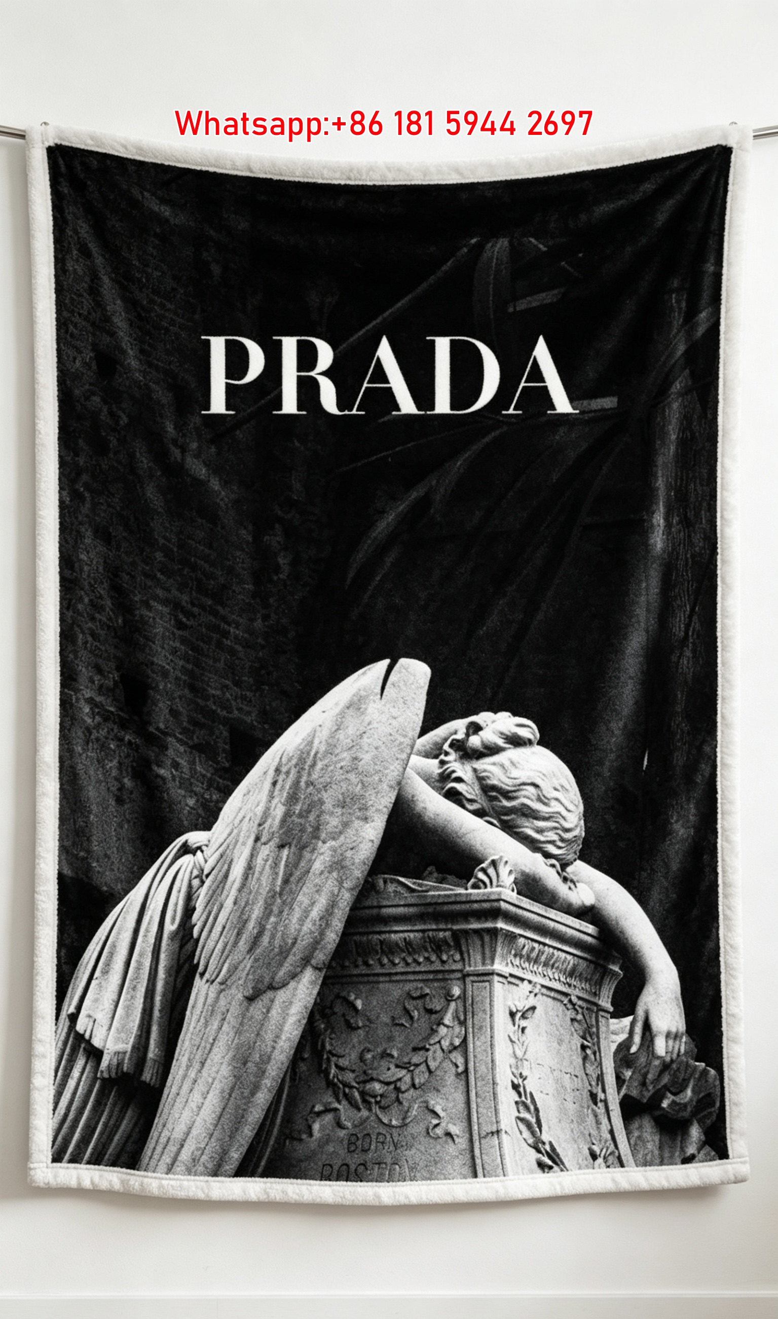 Prada Black White Angel Statue Print Flannel Throw Blanket IMG_2787
